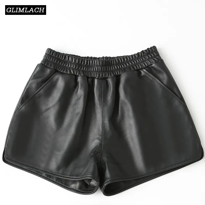 New Genuine Leather Wide Leg Shorts Women 100% Sheepskin Real Leather Shorts Casual Sexy Ladies Loose High Waist Black Shorts