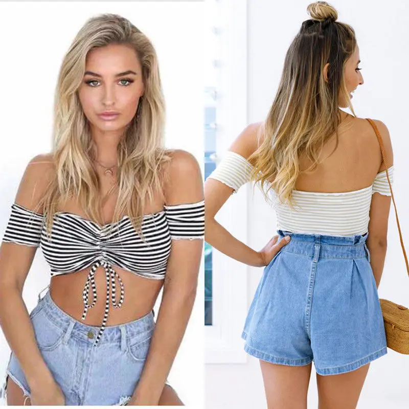 Женский облегающий пуловер с рюшами топ в полоску коротким рукавом и открытыми