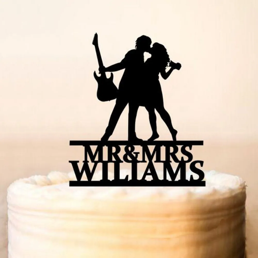 Personalized Wedding Cake topper photographer Bride and Guitar Player Groom silhouette Musician Mr Mrs Topper | Дом и сад