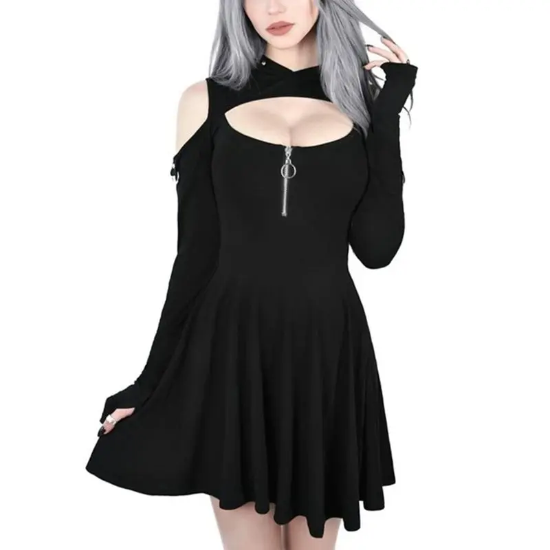 Женское платье с капюшоном JieZuoFang повседневное черное открытыми плечами|Женские