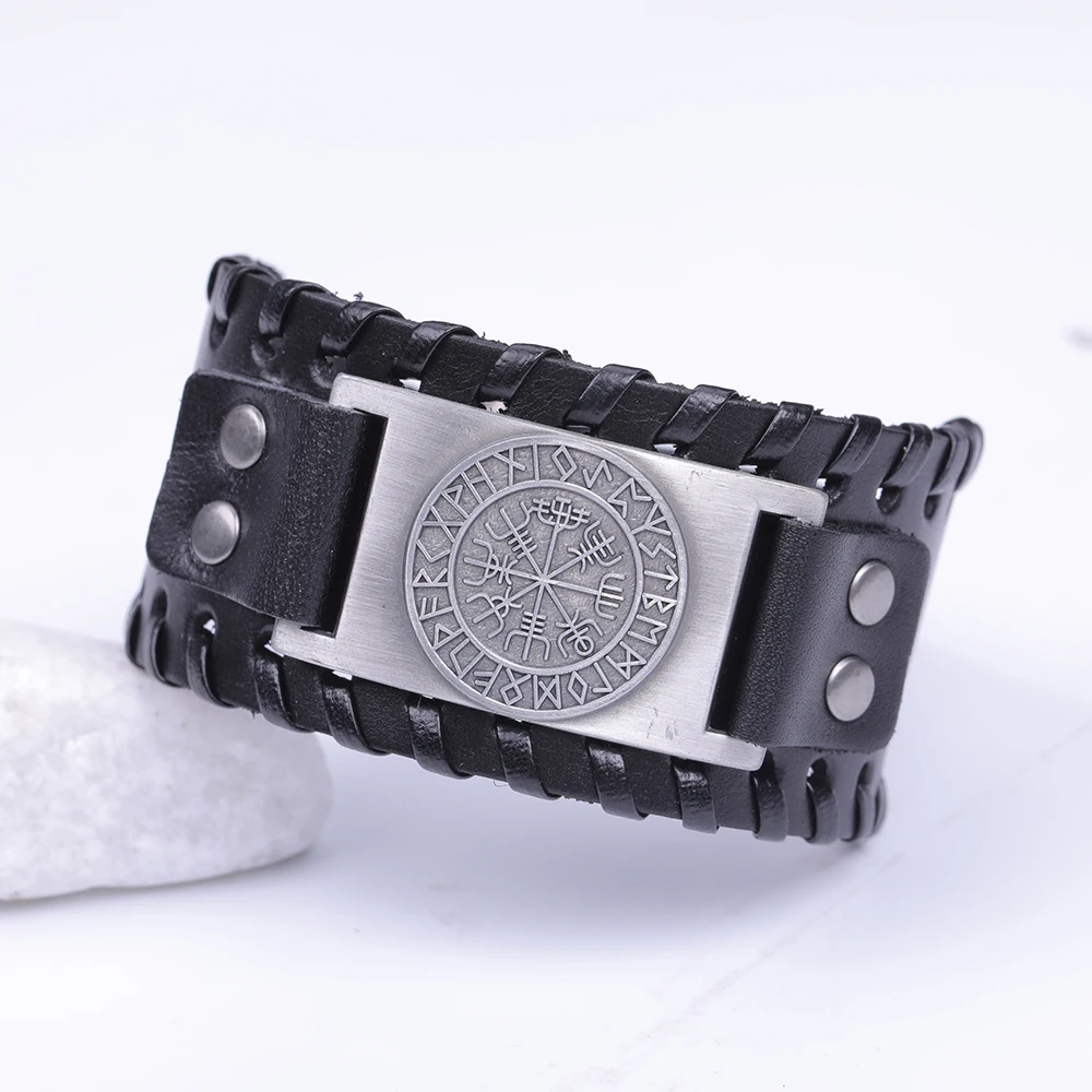 Teamer Wide Leather Bracelets Vintage Nordic Viking Rune Vegvisir Compass Charm Cuff Bracelet Men Women Gift Fashion Jewelry|Браслеты с