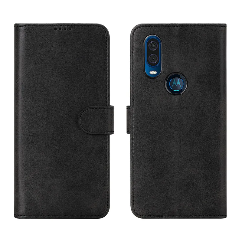 Роскошный чехол из натуральной кожи для Motorola Moto One Vision, откидной Чехол-кошелек с держателем для карт, простой чехол-подставка - Цвет: black