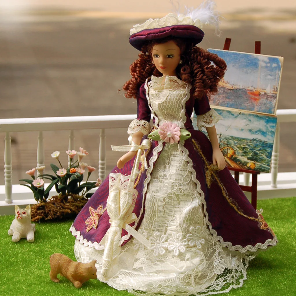 

Hot 1pcs 1/12 Dollhouse Miniature Porcelain Dolls Classical Lady with Hat Girl Doll Realistic Baby Toys Birthday Gift for Girls