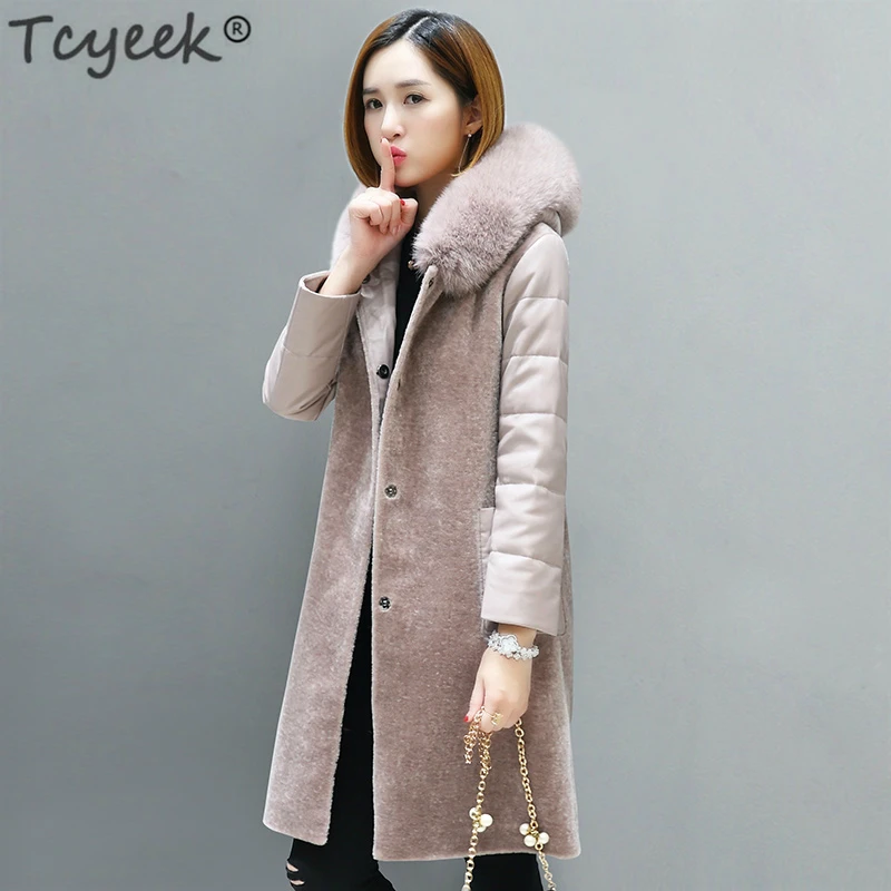 

Tcyeek Women Clothes 2020 Natural Wool Overcoat Sheep Shearing Coats Female Sheepskin Leather Sleeve Parka Real Fox Fur LWL1389