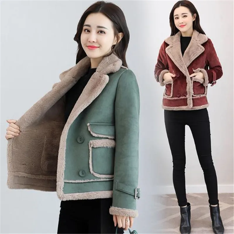 

2018 Faux Leather Suede Jacket casual Coat Women New Winter Warm Lamb Wool Lapel Motorcycle Jackets Female Thick Outerwear A0659