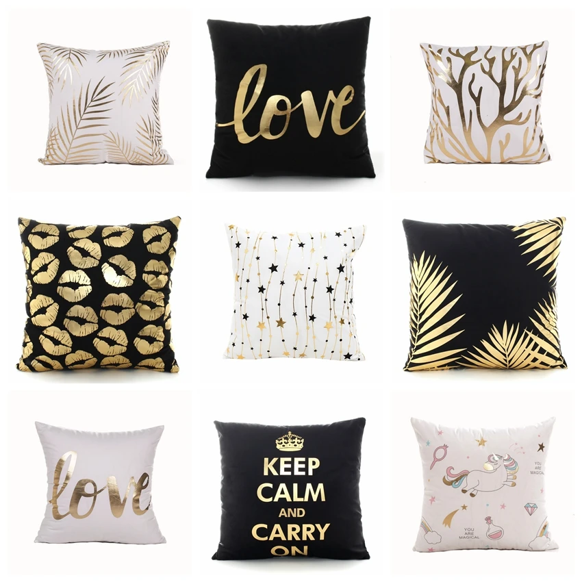 

Golden Love Leaves Bronzing Cushion Decorative Pillow Black And White Velvet Pillowcase Home Decor Sofa Throw Pillows 17*17inch