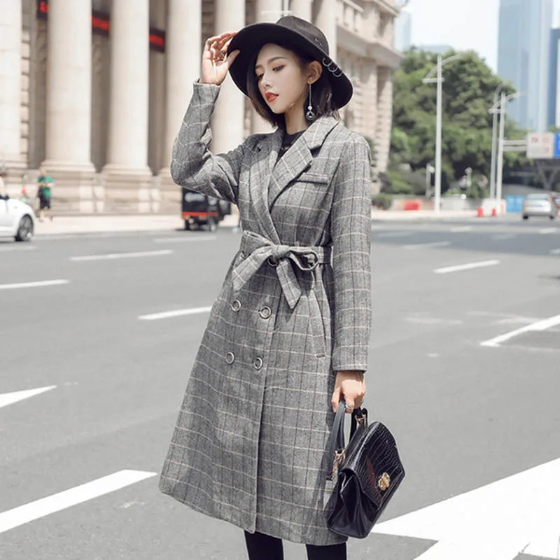VogorSean Winter New Women Wool Blends Coat Jacket 2018 Temperament Fashion Double Breasted Belt Waist Lattice Ladies Long Coats | Женская