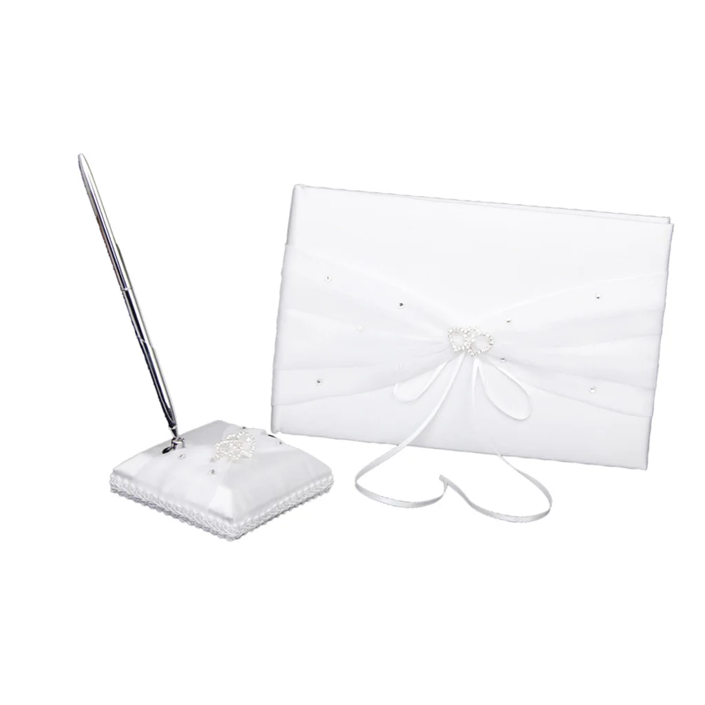 Белый двойной сердце горный хрусталь украшенная атласная гостевая книга для