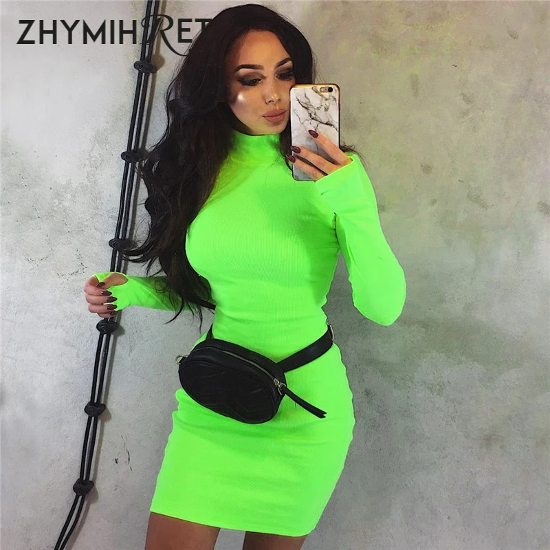 ZHYMIHRET Осень зима 2021 платье неонового цвета с длинным рукавом облегающее мини