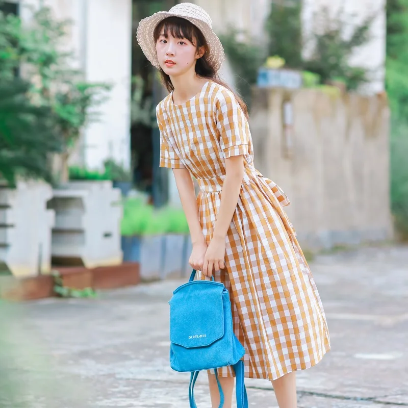 Японский Мори девушка летнее женское длинное платье Винтаж плед пояса Vestidos Femininos