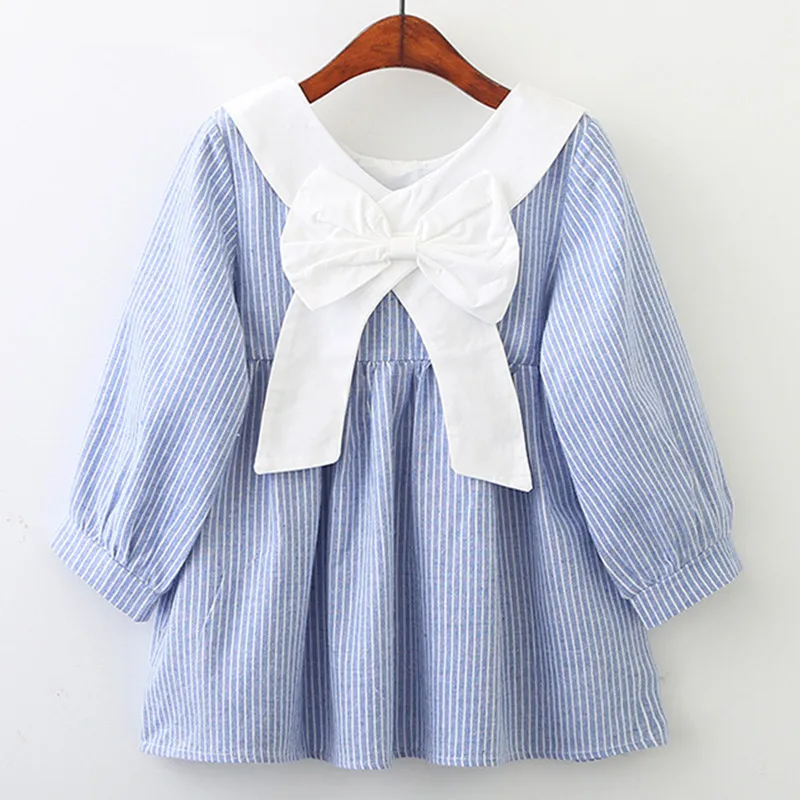 cute doll collar striped 3-10 yrs baby girls long sleeve dress 2019 summer spring big bow blue pink little girl princess costume | Детская