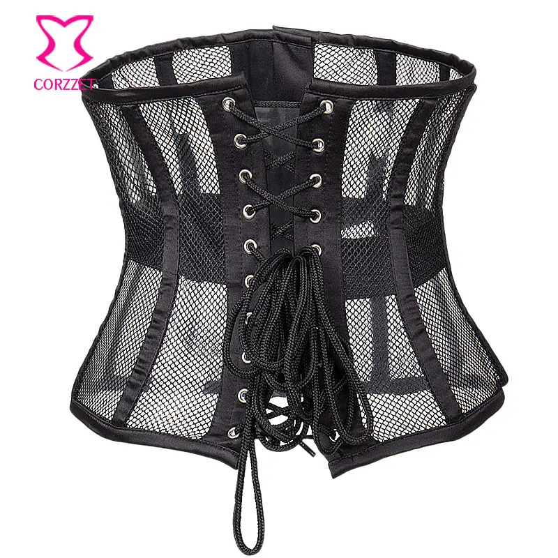 Черный корсет в сеточку и бюстье для талии под грудь со стальными косточками