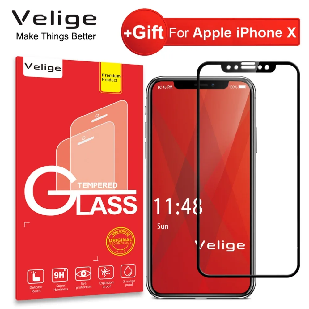 Velige полное покрытие закаленное стекло для Apple iPhone X 10 iPhonex iPhone10 защита экрана