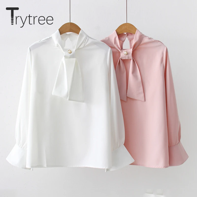 Ttytree лето осень тонкие Однотонные блузки на каждый день рубашка с расклешенными рукавами женская бабочка с жемчужиной кнопки шелковистые Топы офисные женские рубашки