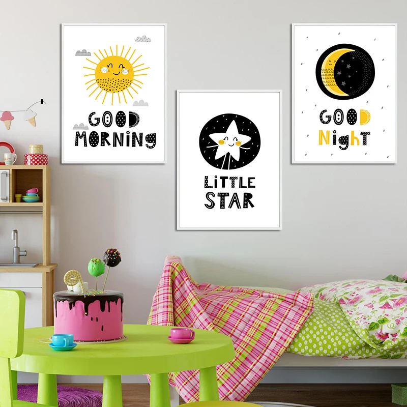 Северный мультфильм Солнце Луна звезды доброе утро Goodnight детская комната Холст