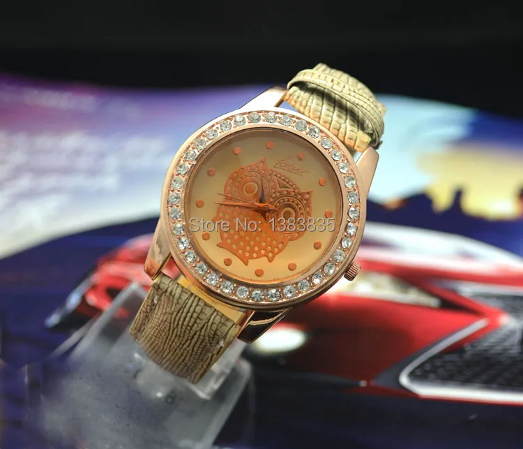 Leather watch roll 2014 wholesale fashion owl womens embed rhinestone Rose gold leather analog quartz free shipping|watch calendar|watch dualwatch