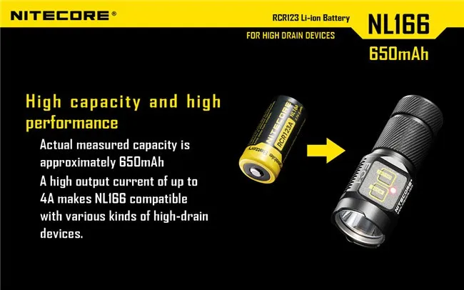 2 шт NITECORE RCR123A NL166 литий-ионная аккумуляторная батарея 650mAh 3,7 V 2.4Wh