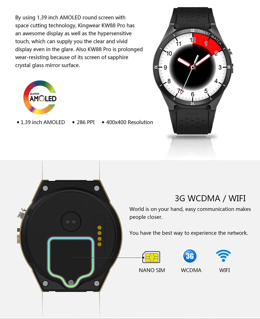 Kospet KW88 PRO 1,3" Bluetooth 4,0 Android 7,0 4 ядра Сенсорный экран 1 Гб оперативной памяти, 16 Гб встроенной памяти, MTK6580 gps Носимых устройств 3g Смарт-часы-телефон