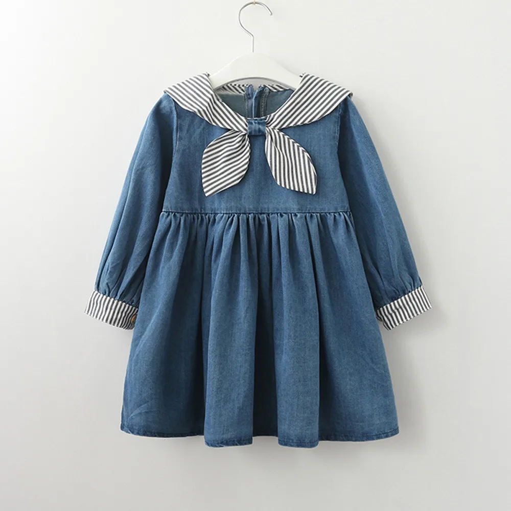 2018 new fashion Toddler Kid Girls Long Sleeves Belt Striped Denim Kids Clothing Princess Dress stem21 | Детская одежда и обувь