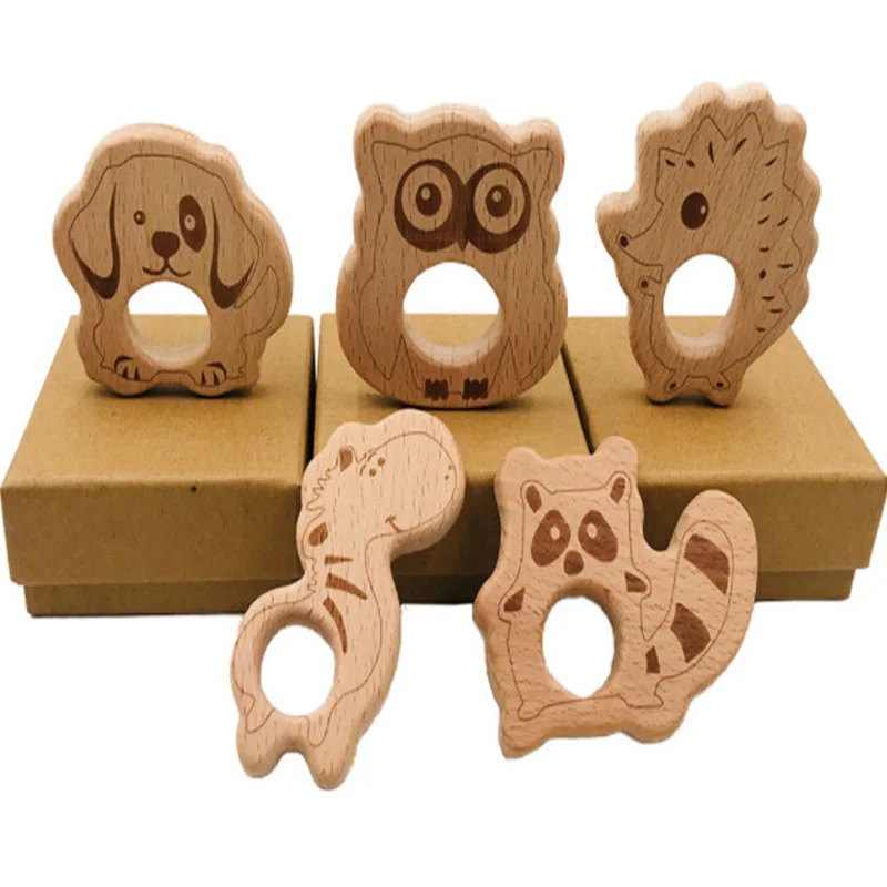 

1pc Cute Animal Shape Wooden Teether Wood Pendant Teething Toys Food Grade Materials Organic Chew Gift Baby Teethers BPA Free