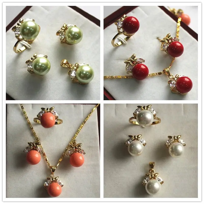 10mm Round South Sea Shell Pearl Earrings rRing Pendant Necklace Set AAA