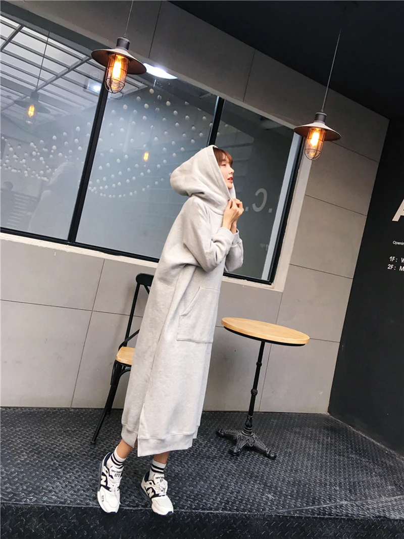 M-4XL, новинка, осенне-зимние женские однотонные Свободные толстовки, платья для девочек, уличная мода, Длинные Стильные толстовки с капюшоном