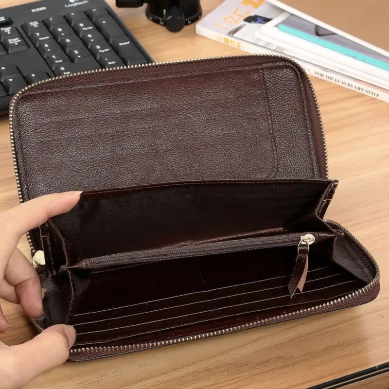 Модная мужская коричневая сумка 2016 из натуральной кожи на молнии деловой кошелек