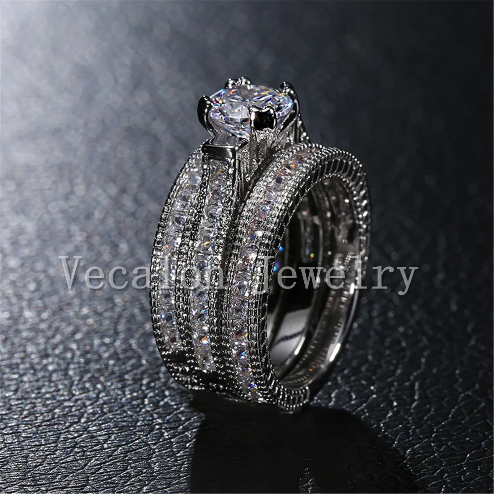 Женское Винтажное кольцо Vecalon обручальное 3 в 1 из белого золота с фианитом 15ct AAAAA 14