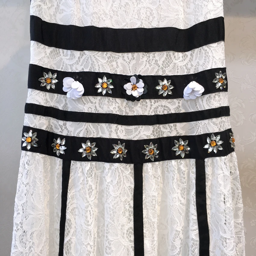 

High quality Diamonds beading tank Sleeveless O-Neck Mid-Calf Striped dress 2019 summer new arrival ladies dress white