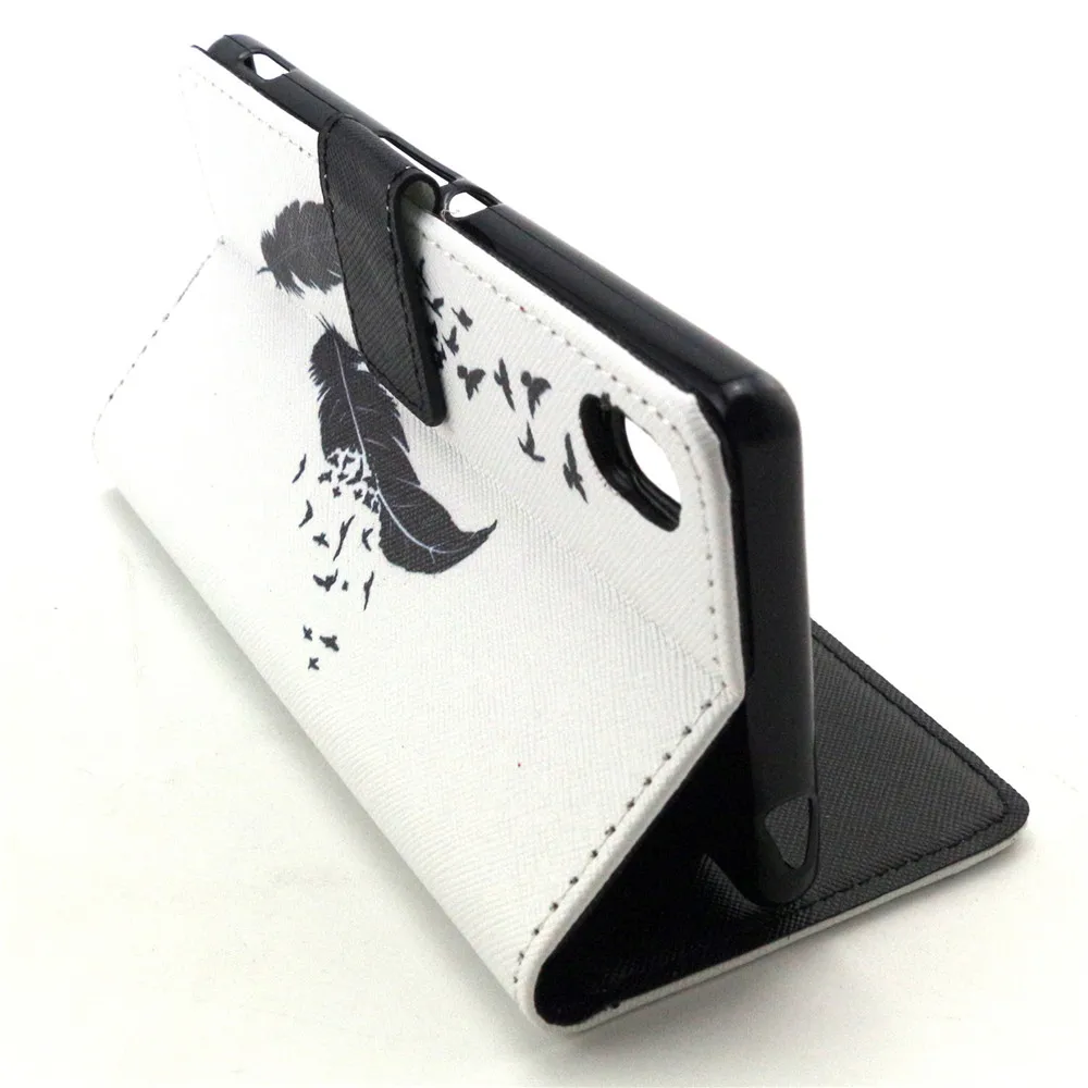 Black Feather Design Leather Flip Stand Wallet Card Slots Pouch Skin Cover Case For Sony Xperia M4 Aqua E2303 E2333 Funda Capa |