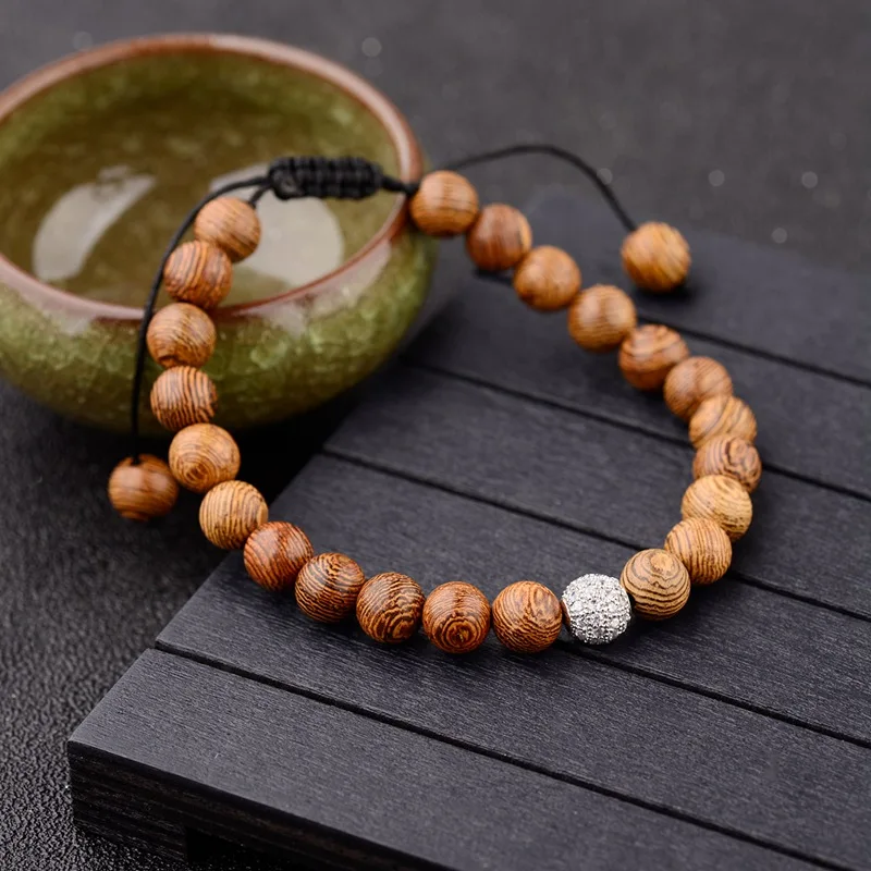 Женский браслет DOUVEI с белым циркониевым шариком натуральный из деревянных бусин