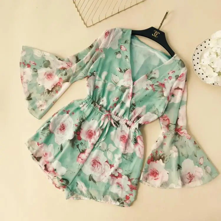 Богемные женские комбинезоны 2018 новые летние с коротким рукавом сексуальные v