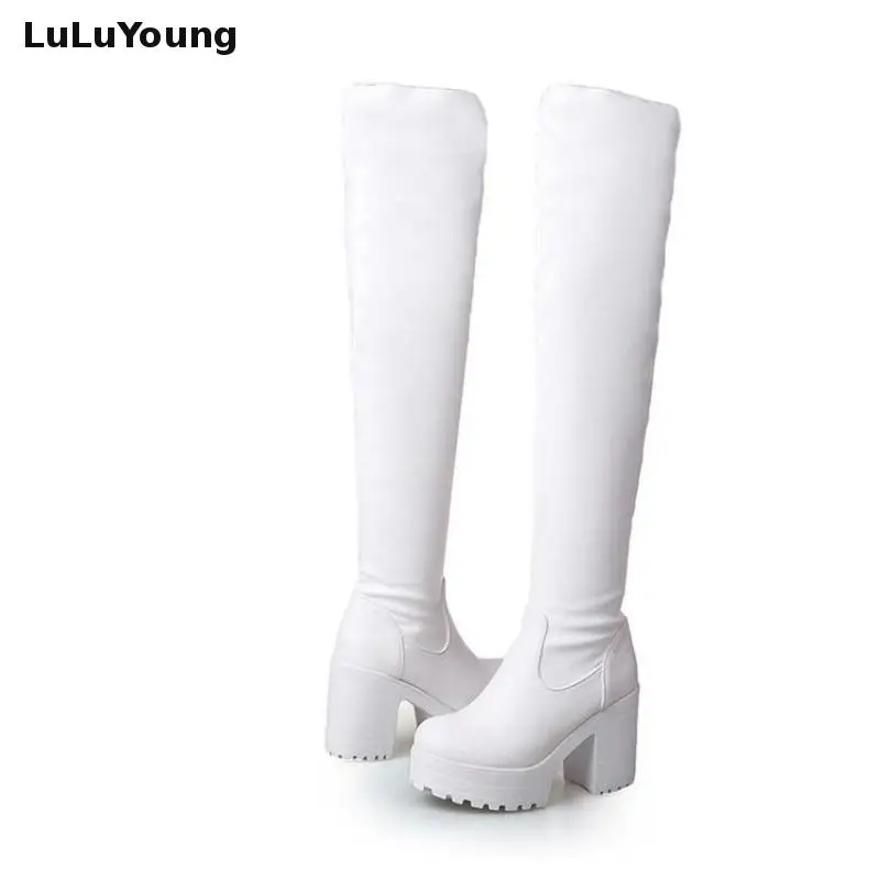 

Autumn Boots Women High Heel Platform Knee High Boots Thick Heel Sexy White Black High Boots