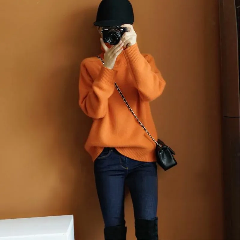LHZSYY 2021 Winter New Nigh-Collar Cashmere Sweater High Quality Fashion Loose Women's Sweaters Solid Color Soft Pullover Thick | Женская