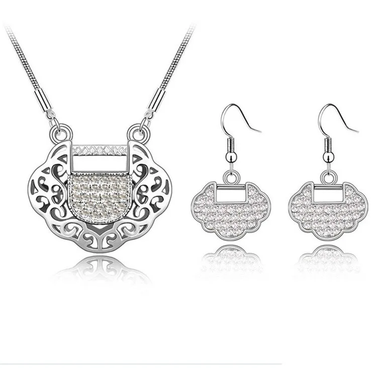 Rhinestone Longevity Lock Necklace Earring Sterling Silver Jewelry Sets Lucky Safety Chain Female Accessories Wholesale | Украшения и
