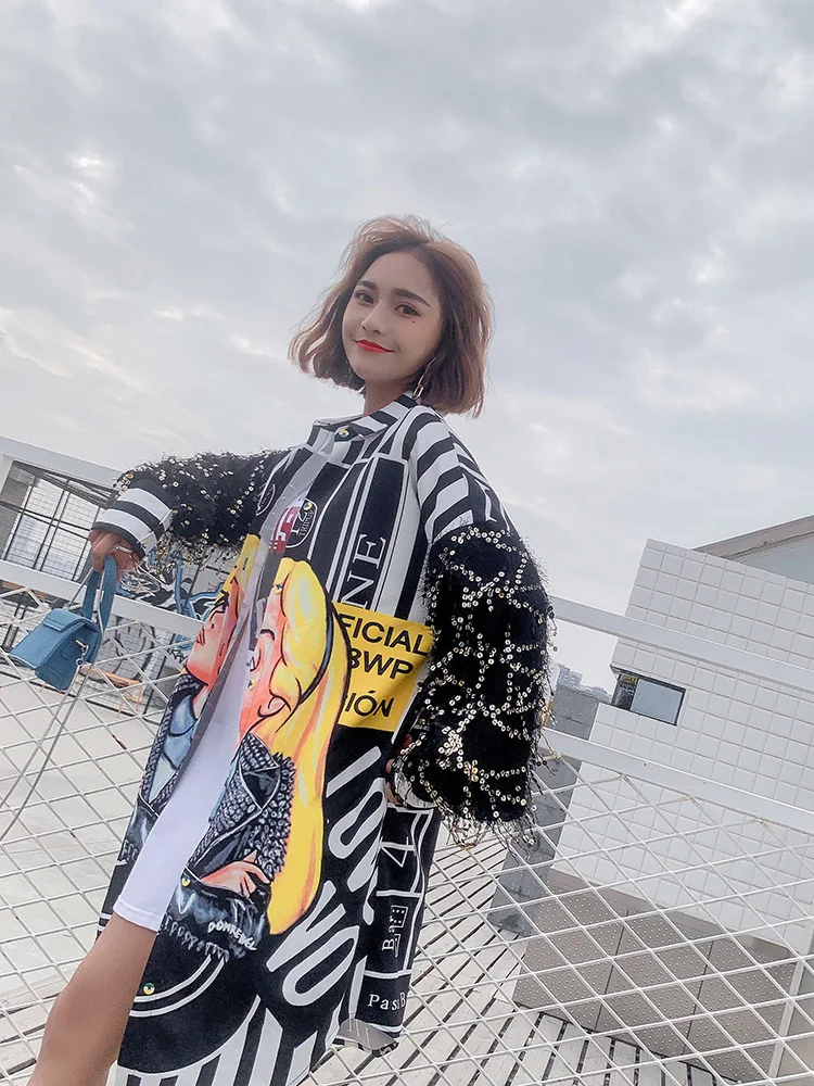 Таиланд стиль Harajuku Мультфильм блузка женская блузка и топы блестки футболка с кисточками длинный рукав женский кардиган LT534S50