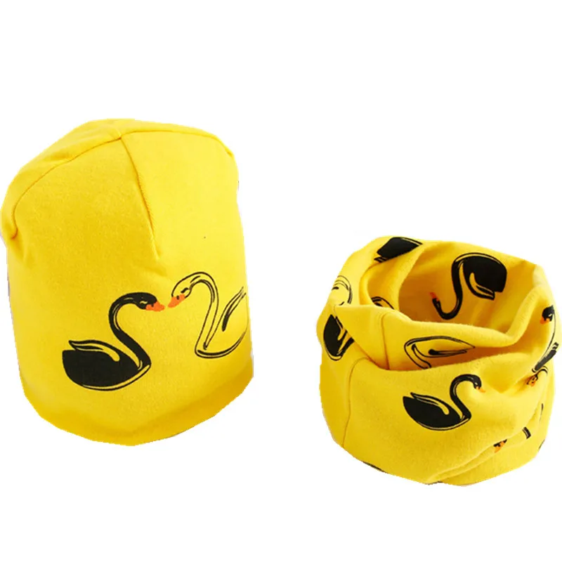 yellow swan hat set Новая весенне-Осенняя шапка для девочек, шарф, комплект с рисунком совы, звезды, лебедя, шапка для маленьких мальчиков и девочек, детская шляпа, шарф-воротник, комплект хлопковой детской шапки - Цвет: yellow swan hat set