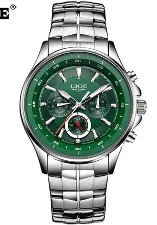 Steel green LIGE спортивные мужские часы, мужские кварцевые наручные часы, водонепроницаемые, ударопрочный стальной ремешок, черные армейские мужские часы, мужские часы Hodinky+ коробка - Цвет: Steel green