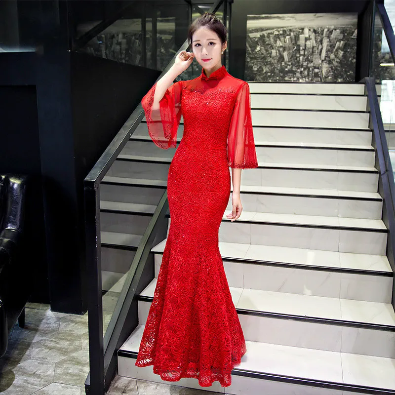 Длинное китайское свадебное платье для женщин модное вечернее Qipao в традиционном
