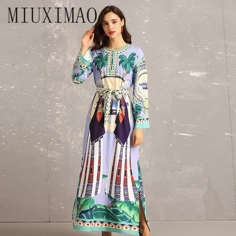 

High Quality 2019 Newest Fashion Bohemian O-Neck Full Sleeve Ankle-Length Coconut plam Elegant Bow Dress Casual Long Dress Women