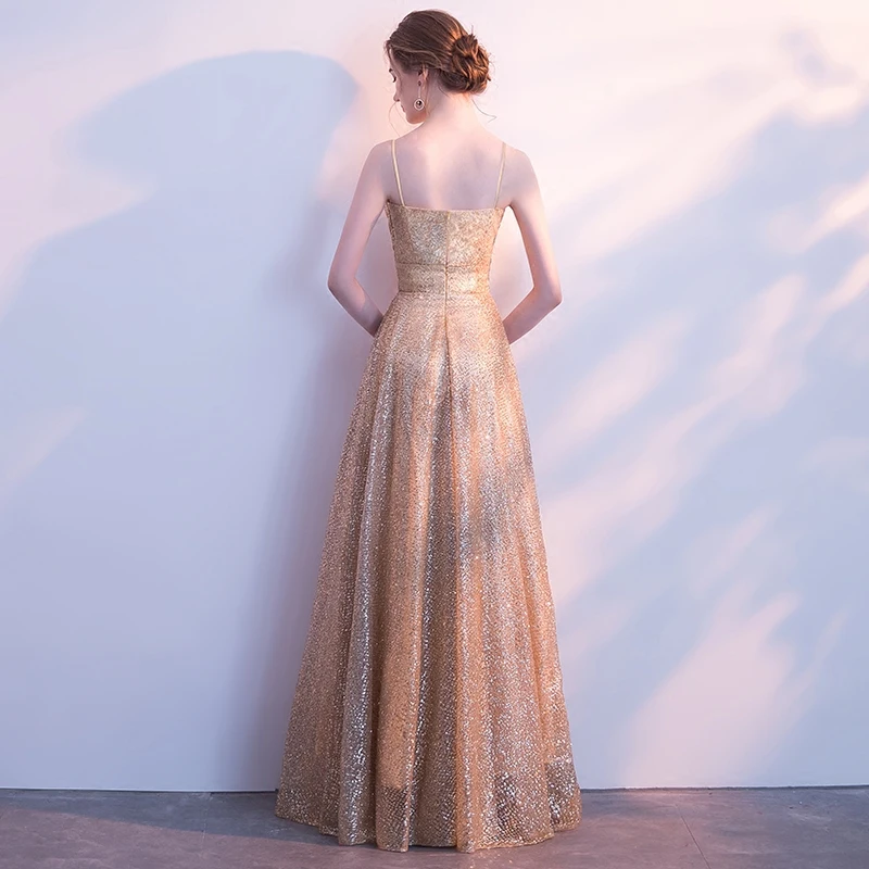 He's Bride Gold New Elegant Evening Dresses V-neck Sleeveless Floor-Length Backless Lace Sexy Prom Party Gown Robe De Soiree | Свадьбы и