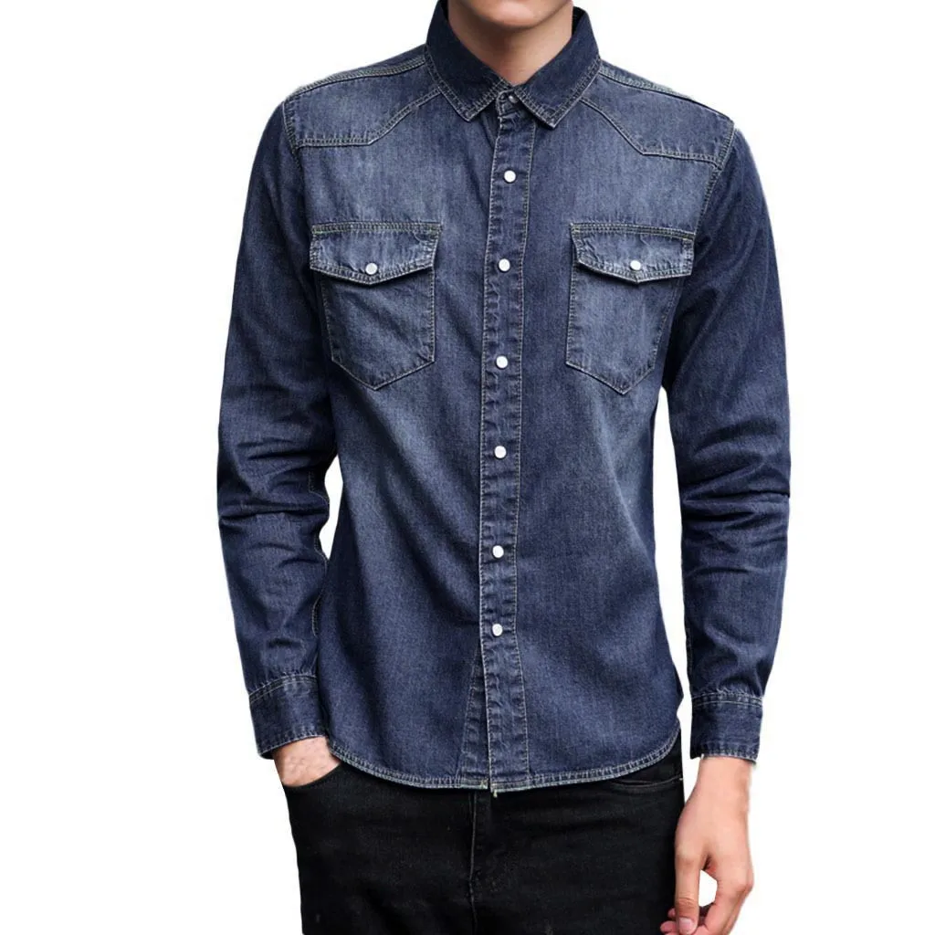 Dark Blue Страусиная Мужская Весенняя Осенняя модная однотонная джинсовая рубашка с длинным рукавом на пуговицах, Тонкая Повседневная рубашка с отворотом, мужские топы размера плюс - Цвет: Dark Blue