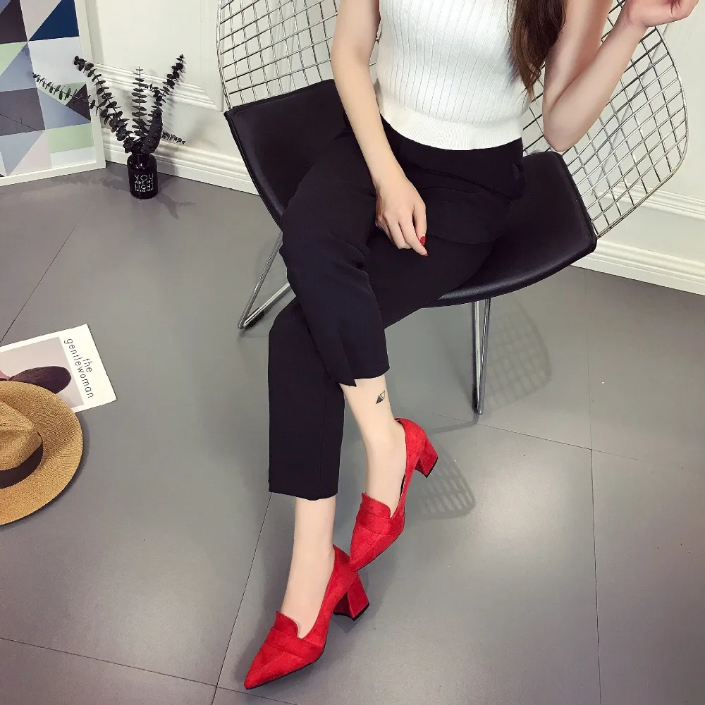 2018 женские туфли-лодочки ярких цветов замшевые туфли на высоком толстом каблуке