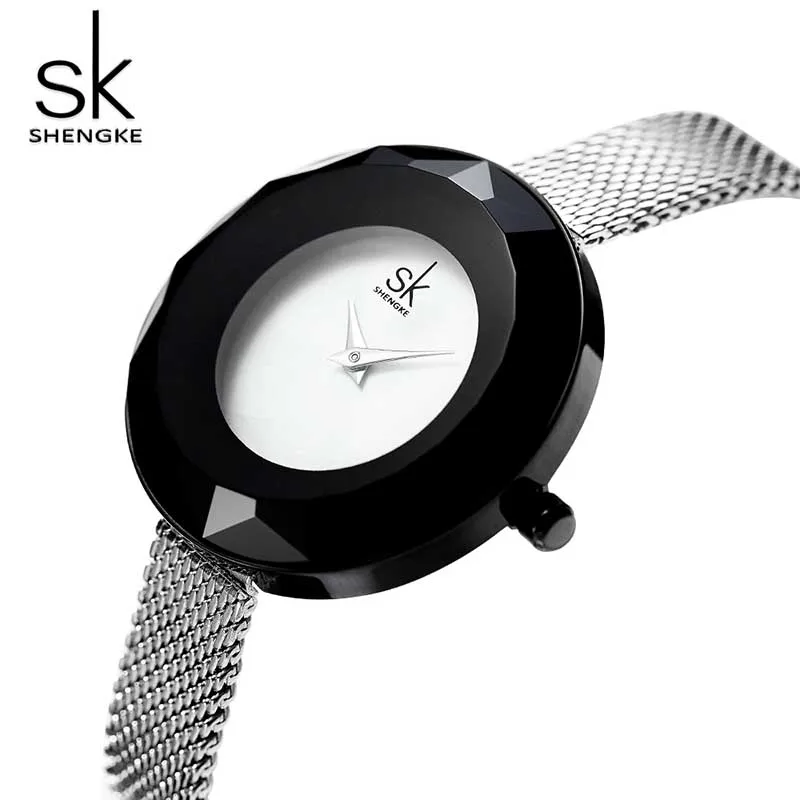 

Shengke Fashion Luxury Ladies Watch Prism Fac Gold Steel Mesh Quartz Women Watches Top Brand Clock Relogio Feminino