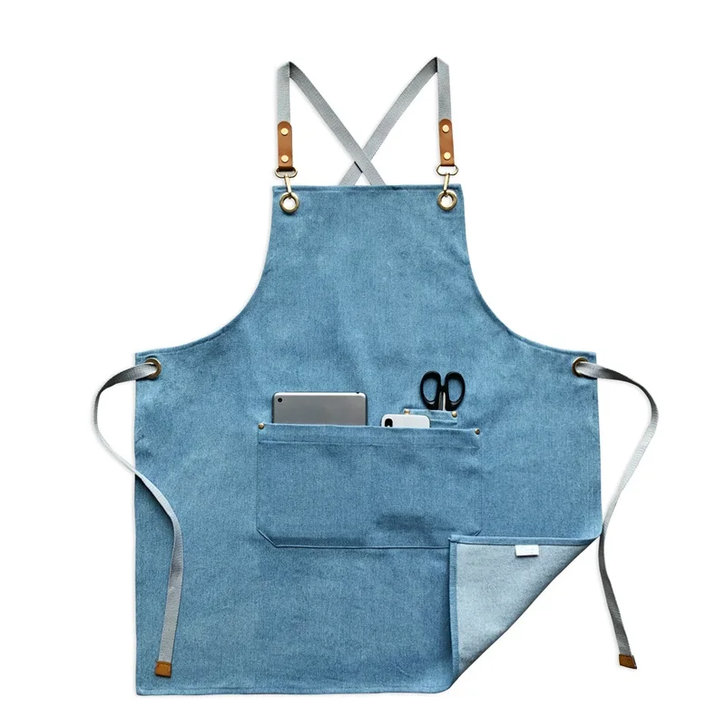 

2021 fashion denim apron coffee shop and hairdresser chef protection suit bib cooking kitchen aprons for woman man apron overall