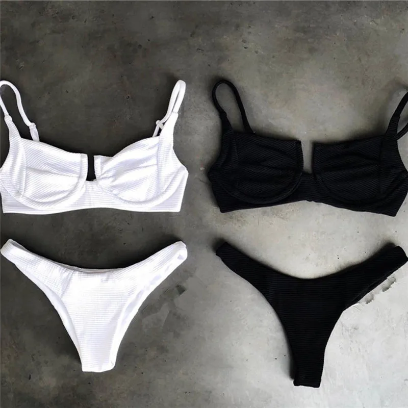 Женские летние купальники бикини 2018 черный белый купальник Бандаж Бикини Набор
