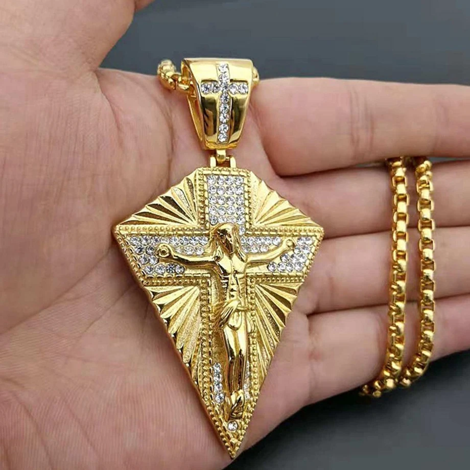 Ожерелье с подвеской в стиле хип-хоп Iced Out Bling Jesus Cross для мужчин золотистого цвета