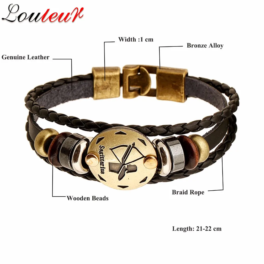 LOULEUR Gemini Scorpio Virgo Libra Aries Zodiac Taurus Bracelet for Men Women Geniune Braided Leather Jewelry | Украшения и