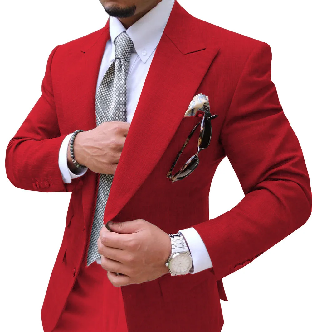 red Мужские костюмы Slim Fit из двух частей шампанского деловой пиджак жениха смокинг Блейзер зеленые костюмы для свадьбы выпускного вечера(Блейзер+ брюки - Цвет: red