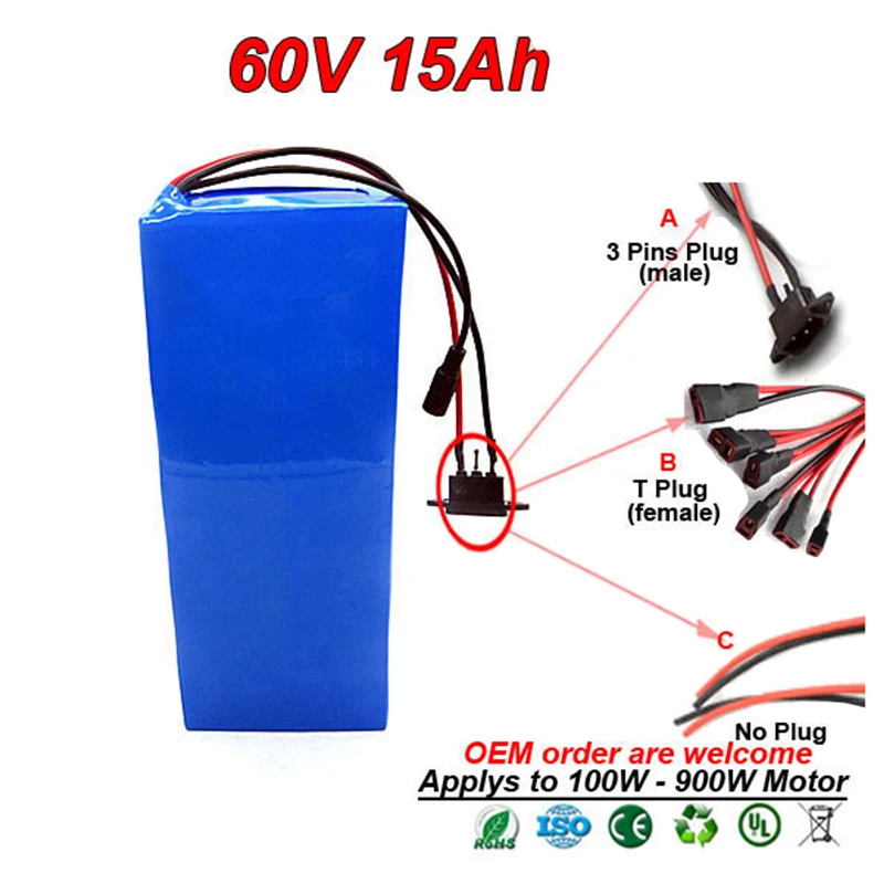 60V 15Ah 750W 500W батарея для электрического велосипеда литий ионная чехол